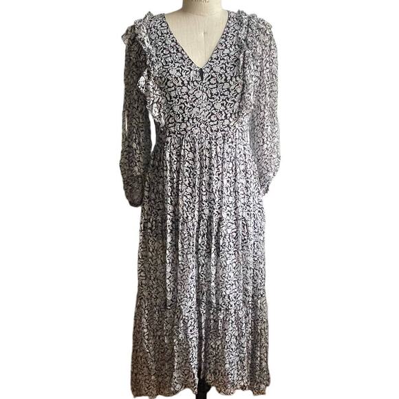 joie Ruffle Floral High Low 100% Silk Prairie Dress in Black & White Size Medium - Picture 1 of 8